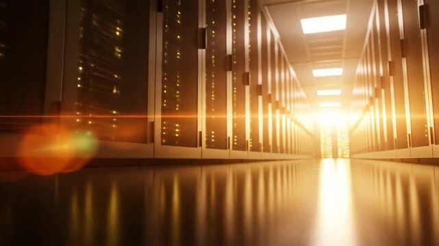 General People & Lifestyle Modern Data Center Server Racks with Bright Sunlight and Reflection