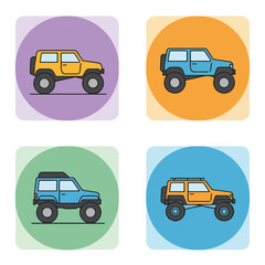 Cartoonish off-road vehicle icons set on four colorful backgrounds