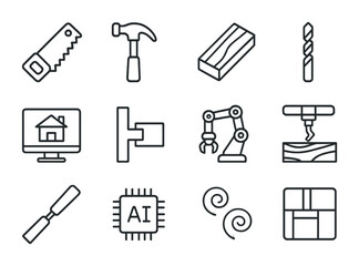 Fototapeta premium AI Carpentry Icon Set. Outline icon set of AI carpentry: saw icon, hammer outline, wooden board, drill bit,