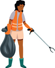 Volunteer wearing safety vest and gloves collecting trash with grabber tool and garbage bag promoting environmental awareness