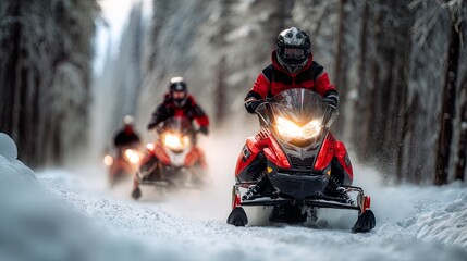 Snowmobiles Speeding Through a Pristine, Snow covered Forest Path, with Riders in Bright Gear Creating a Dynamic Winter Adventure Scene, Winter Sport