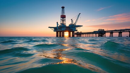 Naklejka premium Offshore Oil Rig in Ocean with Sunset and Reflections on Water