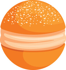 Delicious round burger bun filled with layers of savory cream and topped with sesame seeds, creating a tempting treat