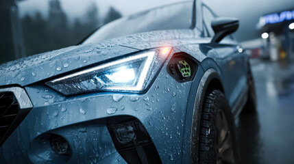 Close up of blue electric car charging in rain with illuminated headlights