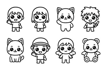 Chibi Anime Icons. Outline icon set of chibi anime: big head character, sparkle eyes, short body, waving hand,