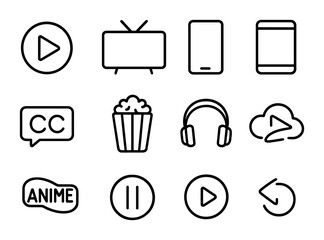 Anime Streaming Icons. Outline icon set of anime streaming: play button, TV screen, smartphone, tablet,