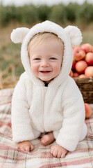 Smiling toddler in a ghost hoodie sitting outdoors surrounded by apples during a sunny autumn day