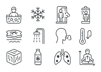 Cold Therapy Icons. Outline icon set of Cold exposure therapy: ice bath, snowflake icon, frozen lake, cryo