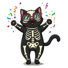 A festive cartoon black cat in a skeleton costume and pink glasses, surrounded by confetti and streamers, celebrating joyfully.