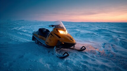 Vibrant Yellow Snowmobile with Illuminated Headlight Resting on a Vast, Pristine Snowy Plain at Twilight, Embodying Winter Adventure