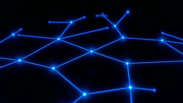 A network of glowing dots connected by shining lines, new connections forming in a chain reaction, dark background