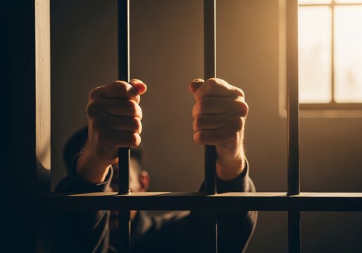 Imprisoned: A poignant portrayal of captivity, with hands gripping cold steel bars, a chilling representation of confinement and the somber weight of lost freedom.