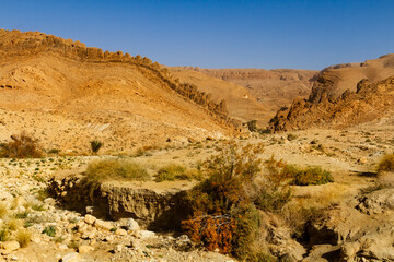 The picturesque Djebel el Negueb mountain range near the Chebika oasis. Tauzar, Tunisia, Africa