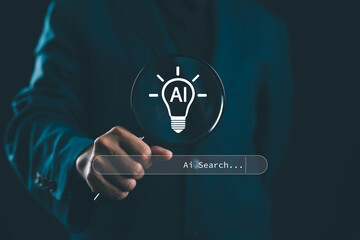 AI-powered search technology concept with magnifying glass and lightbulb icon. Represents advanced information retrieval, digital assistant, and intelligent search engine systems, smart suggestions.