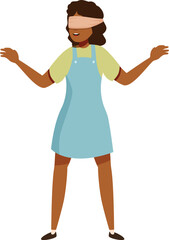 Blindfolded woman playing hide and seek and trying to find other people or objects