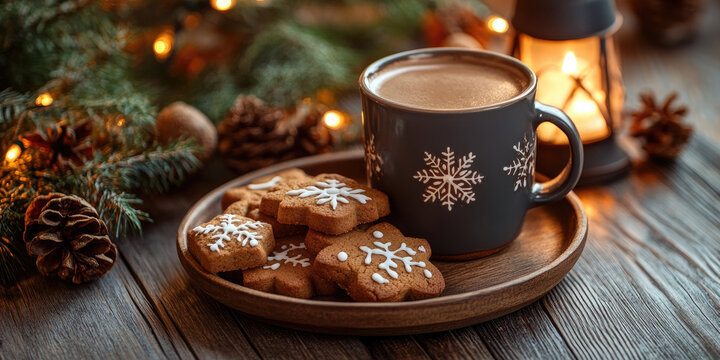 Weckmann bread and snowflake-shaped ginger cookies arranged on a wooden plate next to a cup of hot cocoa and a lit lantern, creating a cozy Martinstag atmosphere