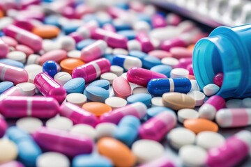 Colorful Assortment of Pills and Capsules with an Open Blue Pill Bottle, Health and Medicine