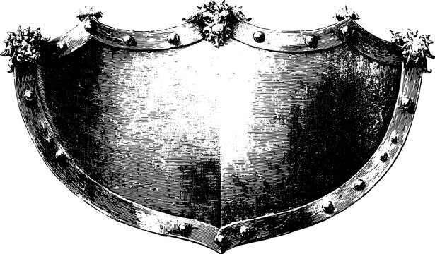 Vintage metal shield with blank heraldry and ornate crest. Classic vector illustration in black and white engraving style.