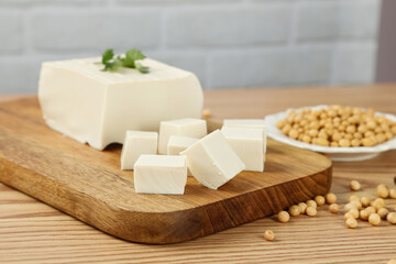 Fresh Handmade Tofu Cubes with Soybeans on Wooden Board - Healthy Plant Protein Ingredient