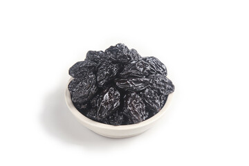 Dried California Prunes from Xinjiang in White Bowl on White Background