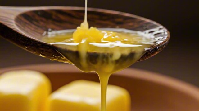 Ghee being poured from a wooden spoon over butter cubes