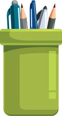 Obraz premium Green pencil holder containing pens and pencils, perfect for keeping writing instruments organized on a desk