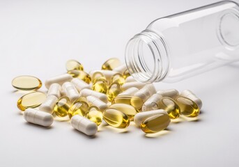 Vitamin Spill: An artistic close-up of a collection of vitamin supplements and health capsules spills from an overturned transparent bottle, showcasing the diversity of health boosters.