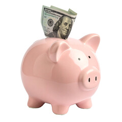 Piggy bank savings. Hundred dollar bill. Money, Financial Education, Transparent Background. PNG.