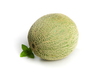 Fresh Cantaloupe Melon with Mint Leaves on White Background