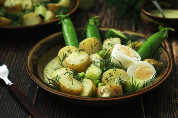 A bowl with farming summer salad in rustic style