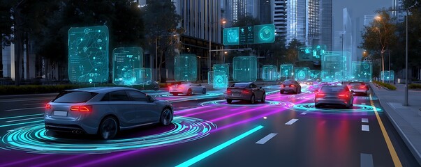 Futuristic autonomous vehicles navigating a vibrant neon city at night