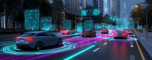 Fotobehang Voertuigen Futuristic autonomous vehicles navigating a vibrant neon city at night  © shakilhossain