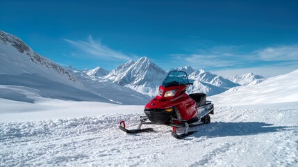 A Vibrant Red Snowmobile Parked on Pristine White Snow, Framed by Majestic, Sun kissed Mountains Under a Clear Blue Sky, Adventure Concept