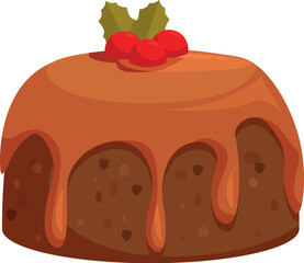 Delicious christmas pudding dessert with caramel topping, holly leaves, and red berries, perfect for holiday celebrations
