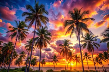 Obraz premium Tranquil Tropical Paradise: Calm, Warm Sunset, Palm Trees, Soft Light