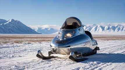 Sleek Silver Snowmobile on a Vast Snow covered Plain with Majestic Mountains Under a Clear Blue Sky, Winter Adventure Concept