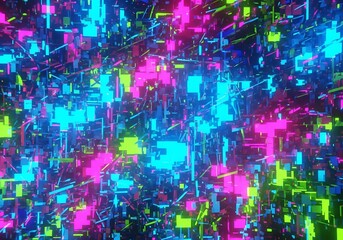 Vibrant abstract cityscape infused with luminous geometric shapes and intricate neon networks creating a futuristic