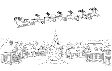 Santa Claus Flying Sleigh with Reindeer Over Snowy Winter Village and Christmas Tree