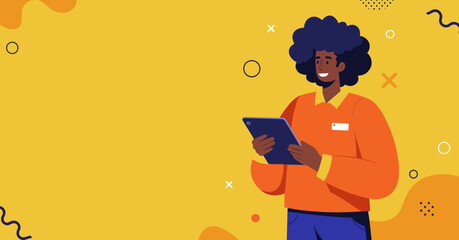 Friendly person with a nametag using a digital tablet on a vibrant yellow background with abstract elements, depicting modern customer service or digital work.