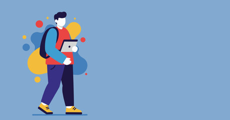 Obraz premium Vibrant illustration of a person with a backpack and tablet, embodying modern learning, mobile work, or digital lifestyle. Blue background with copy space.