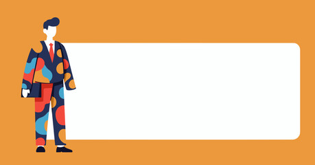 Stylized professional in a vibrant, patterned suit holding a folder, standing beside a blank white banner for modern business communication or advertising.