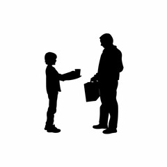 Silhouette of a boy serving tea to a man with files isolated on white background