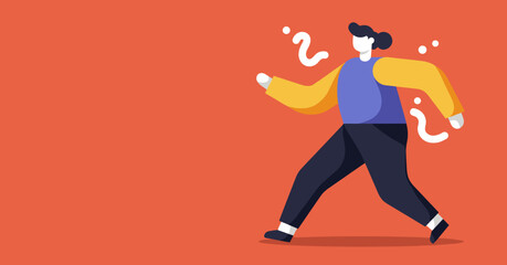 Flat design illustration of a person walking with question marks, symbolizing inquiry, problem-solving, or seeking answers. Useful for business, education, and conceptual themes.