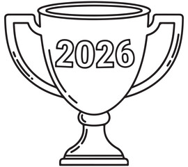 Line Art Trophy Icon with Year 2026 on White Background