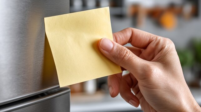 Hand placing a yellow sticky note on the side of a refrigerator in a modern kitchen setting during the day
