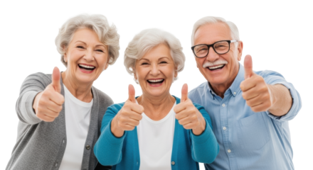 Elderly caucasian man and two women, 60s-70s, laughing heartily and giving thumbs-up, brightly lit on transparent studio background with copy space, concept of shared success and approval
