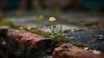 Obraz premium A tiny yellow wildflower blooms resiliently amongst old bricks and moss