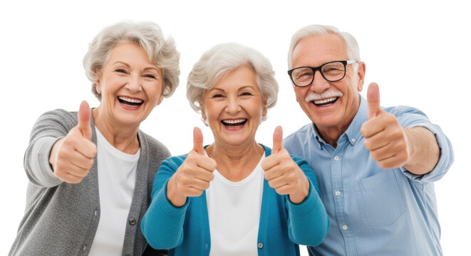 Elderly caucasian man and two women, 60s-70s, laughing heartily and giving thumbs-up, brightly lit on transparent studio background with copy space, concept of shared success and approval