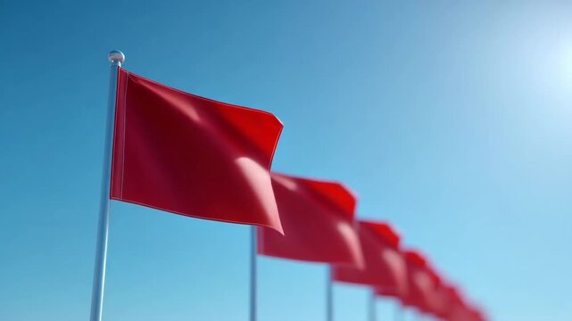 Red Flags in the Sky: A row of vibrant red flags flutters proudly against the bright blue sky, symbolizing warnings, caution, or important messages in a clear and symbolic way.