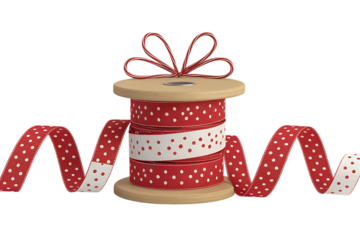 A spool of charming red and white polka dot ribbon, perfect for adding a festive touch to your gift wrapping and crafting projects. Isolated on transparent background, cutout